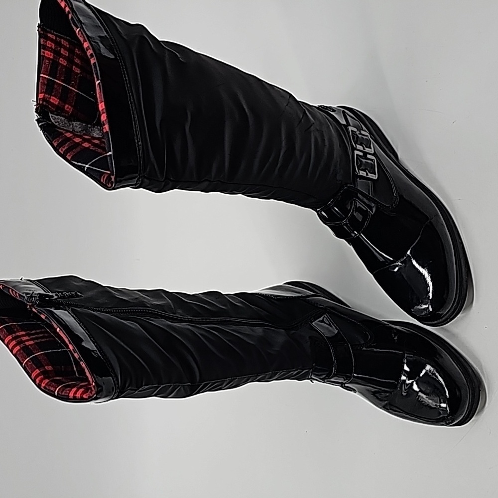 Totes Patent Leather & Nylon Winter Boots w‎ Red Plaid Top Sock Lining